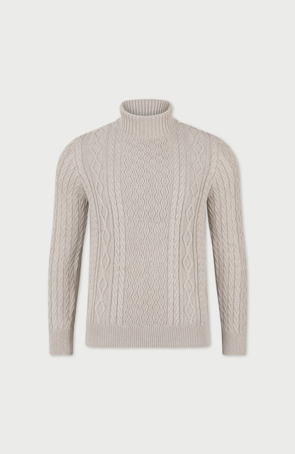 Mens Midweight Cotton Roll Neck Cable Jumper