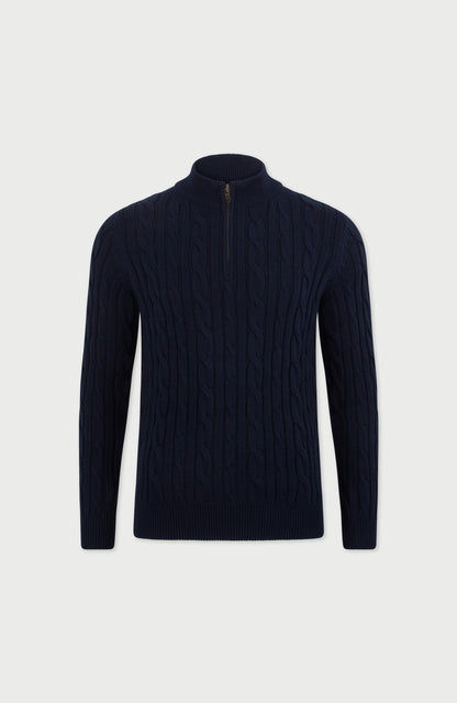 Mens Midweight Cotton Cable Zip Neck Jumper