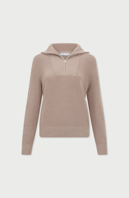 Womens Midweight Cotton Troyer Zip Neck Ribbed Jumper