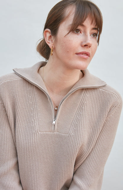 Womens Midweight Cotton Troyer Zip Neck Ribbed Jumper