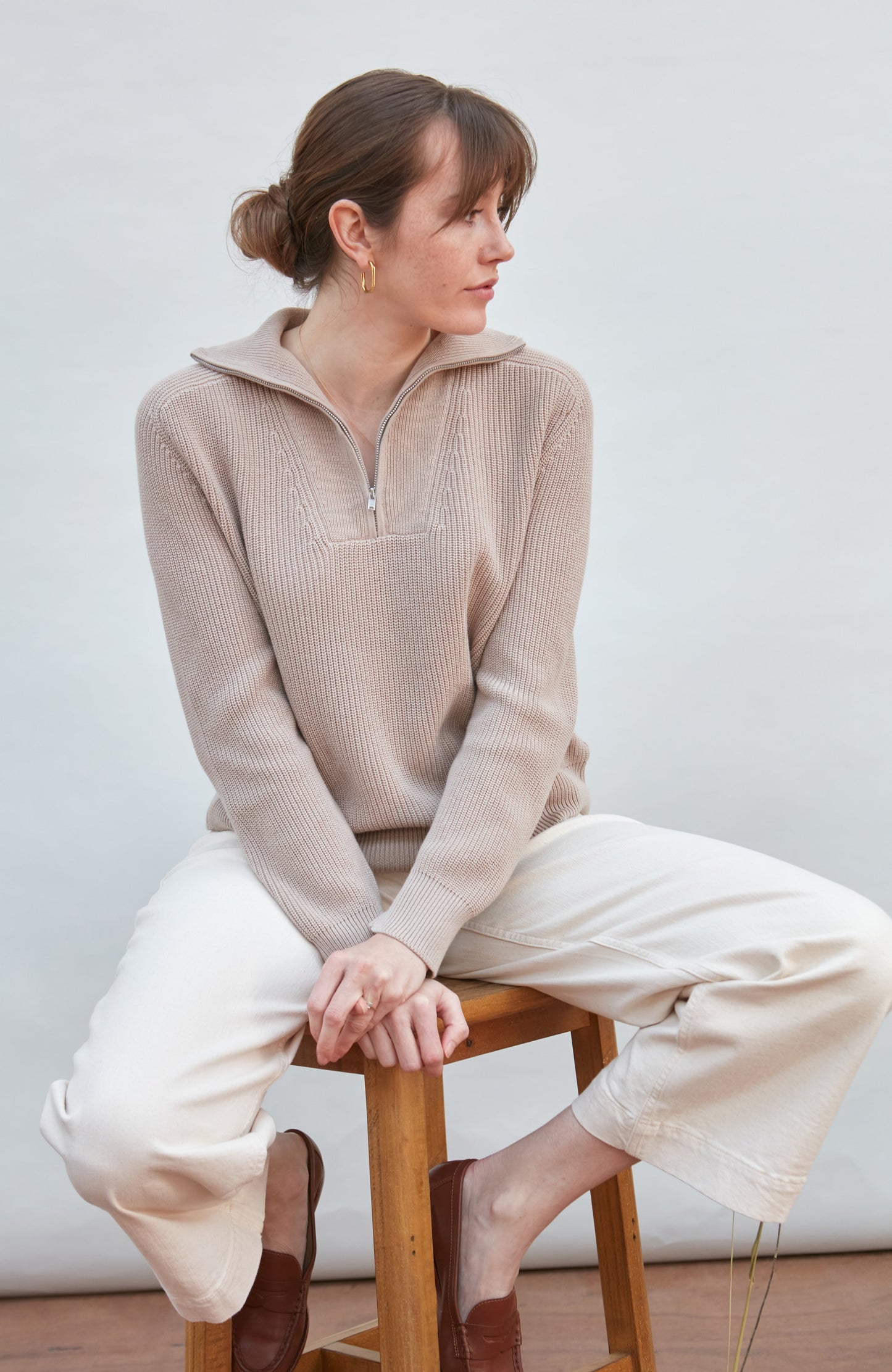 Womens Midweight Cotton Troyer Zip Neck Ribbed Jumper