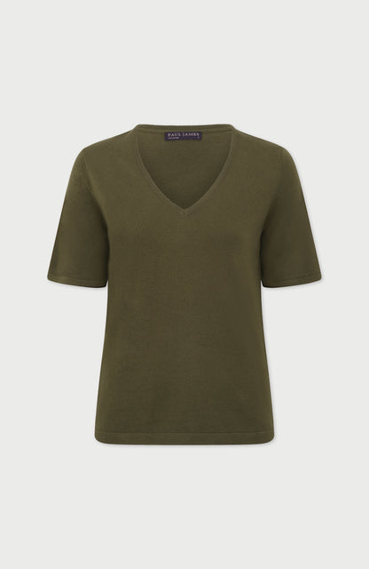 Womens Ultra Fine Cotton V Neck Knitted T-Shirt