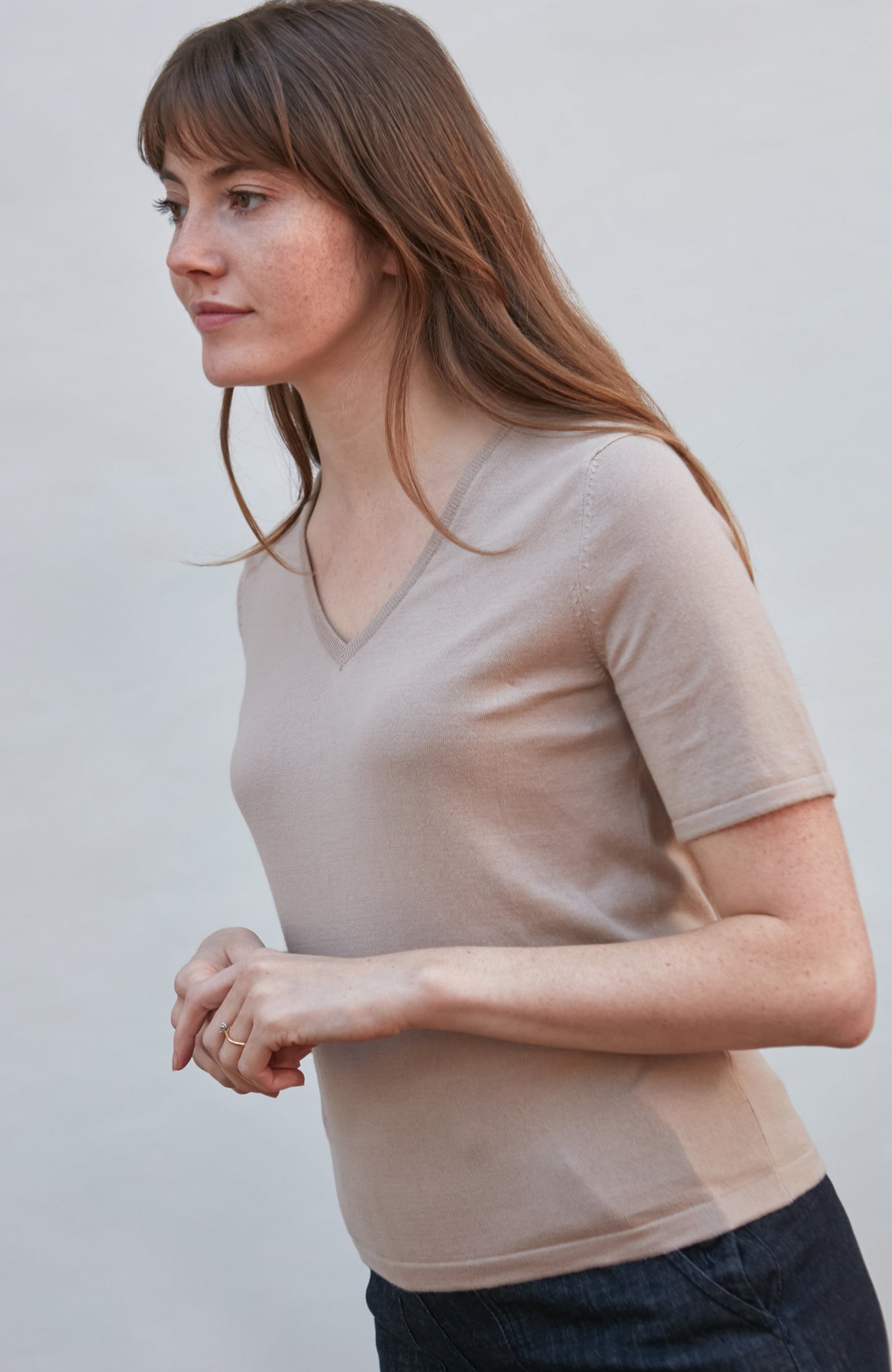 Womens Ultra Fine Cotton V Neck Knitted T-Shirt
