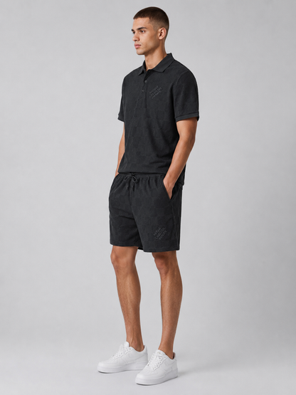 Black Textured Polo Shirt & Shorts Set