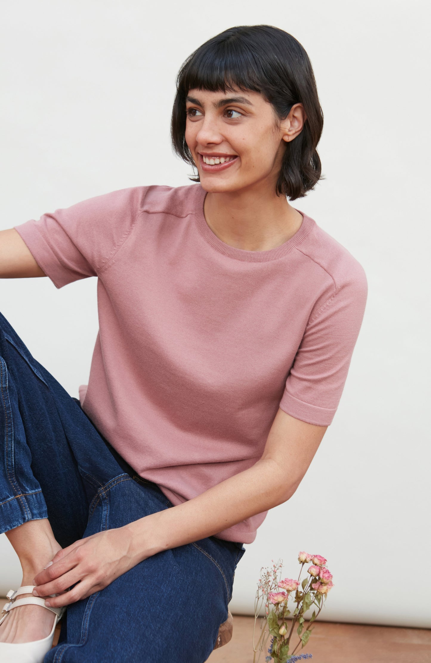 Womens Ultra Fine Cotton Saddle Shoulder Knitted T-Shirt