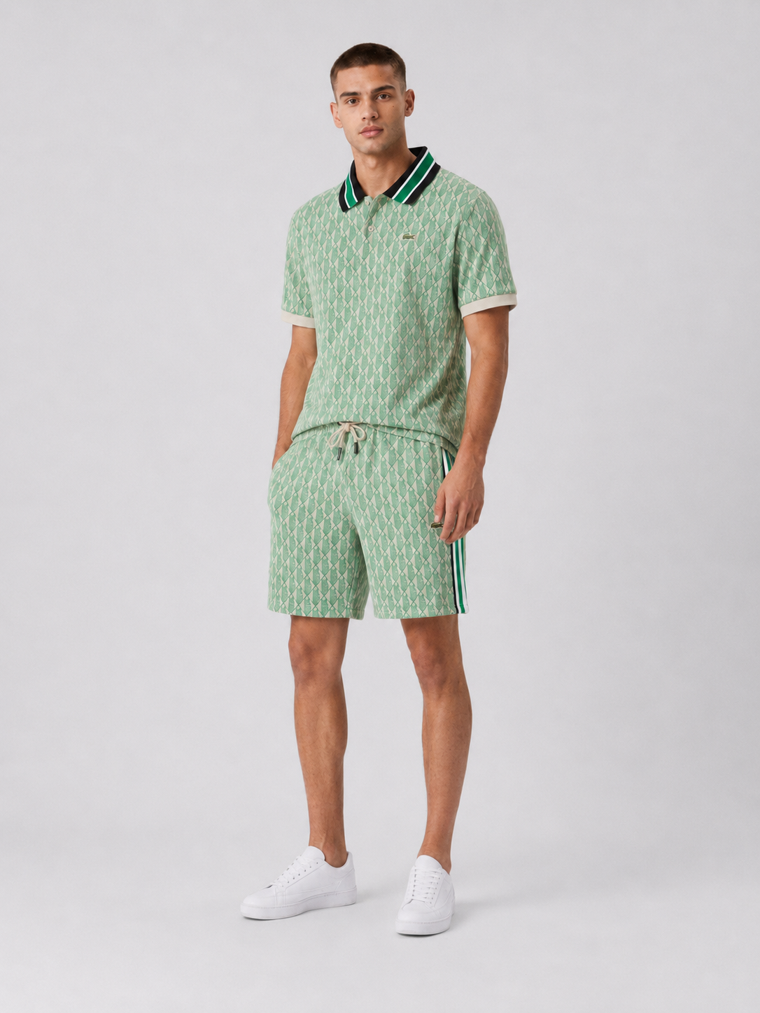 Striped Collar Lime Green Printed Cotton T-Shirt & Shorts Set