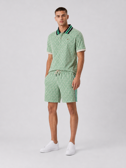 Striped Collar Lime Green Printed Cotton T-Shirt & Shorts Set
