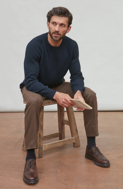 Mens Midweight Cotton Ribbed Crew Neck Jumper