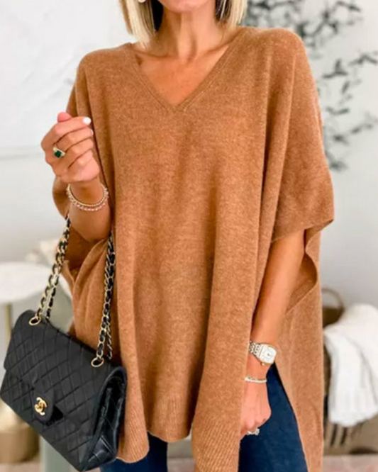 Veloria | Women's V Neck Poncho Knit Sweater with Side Slits