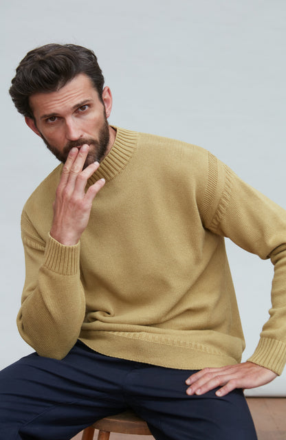 Mens Midweight Organic Cotton Linen Mock Neck Gansey Jumper