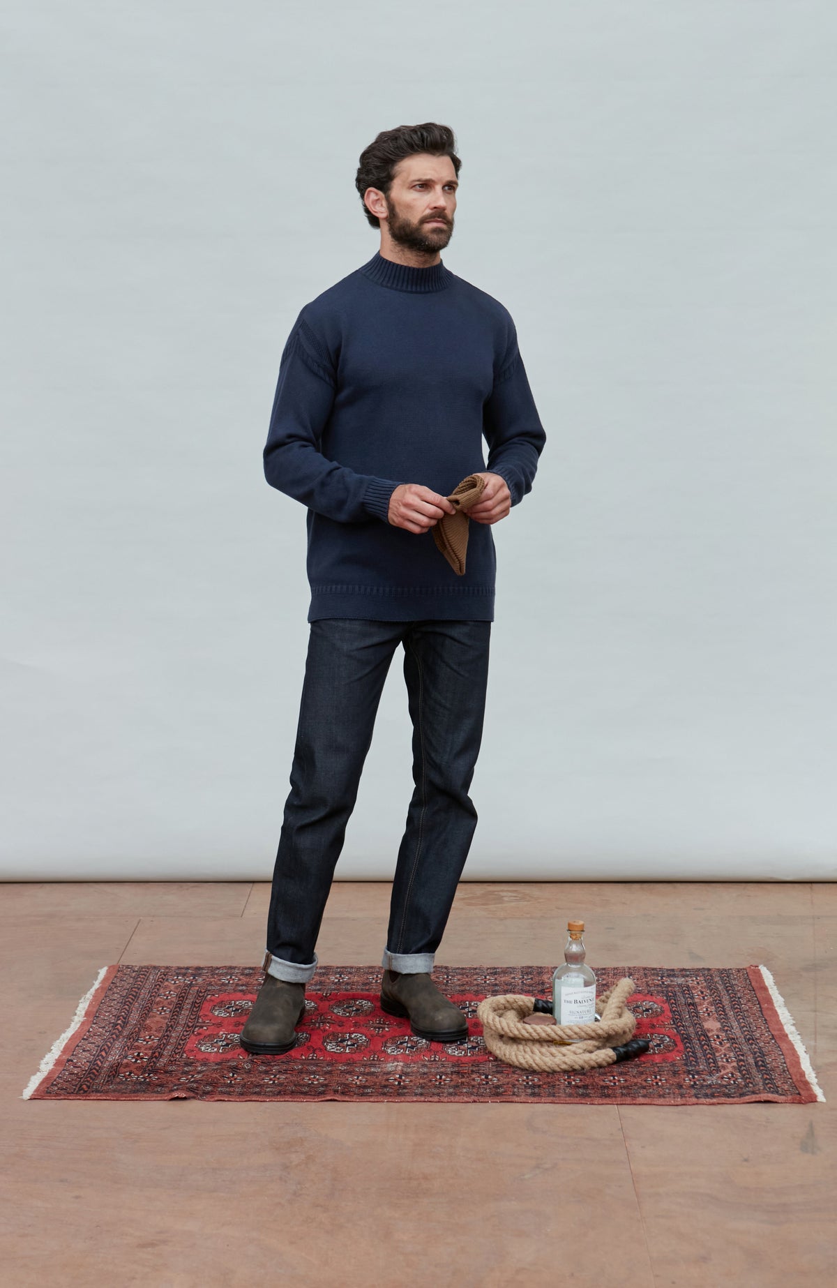 Mens Midweight Organic Cotton Linen Mock Neck Gansey Jumper