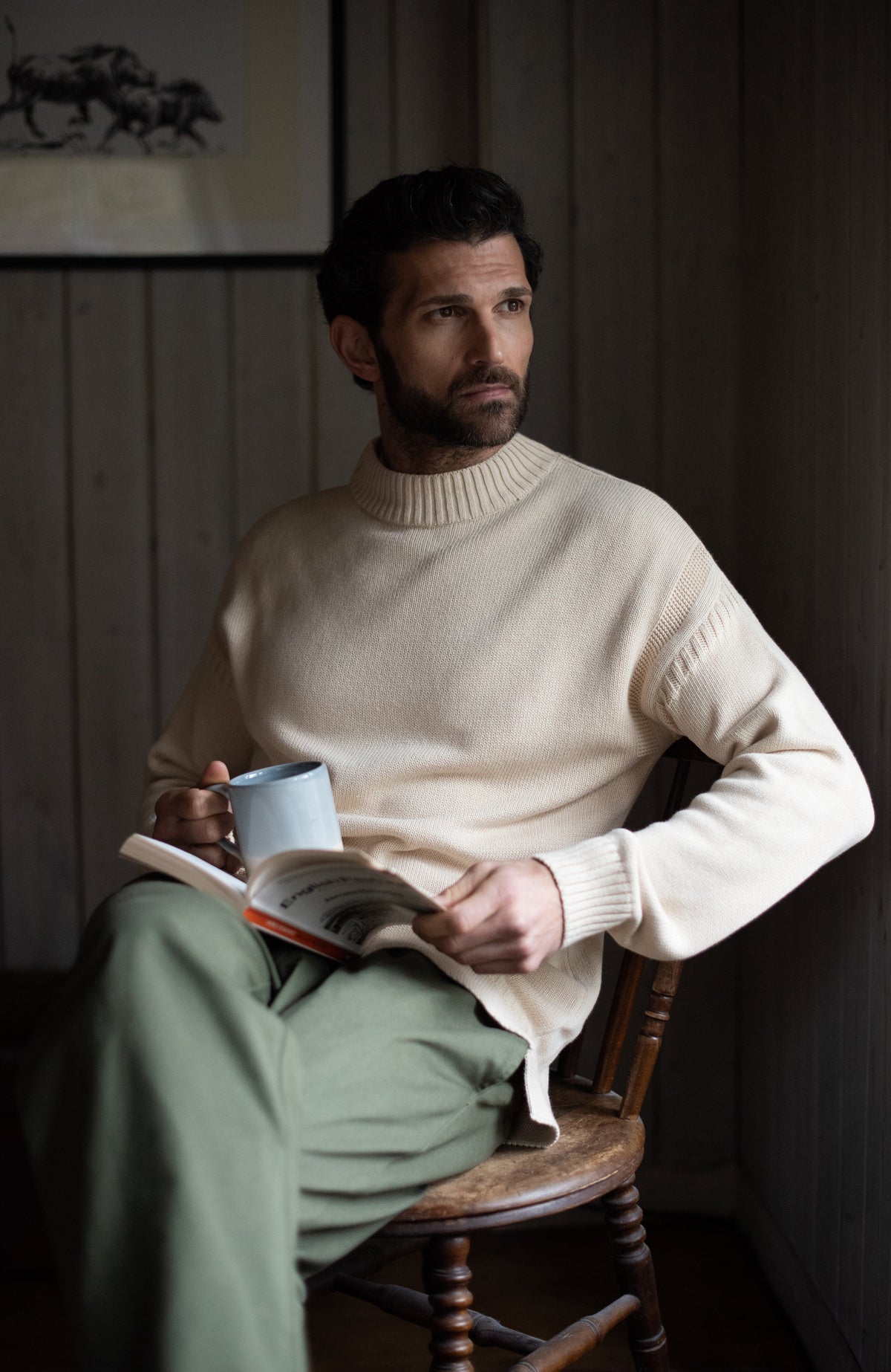 Mens Midweight Organic Cotton Linen Mock Neck Gansey Jumper