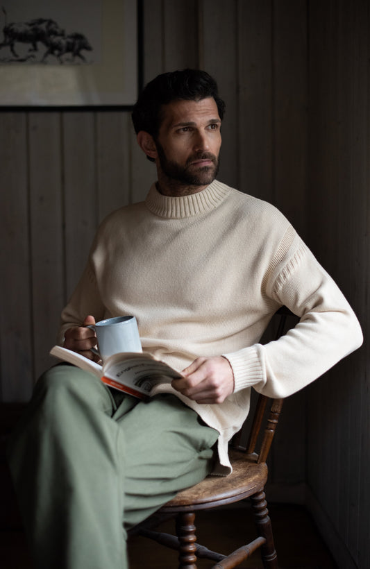 Mens Midweight Organic Cotton Linen Mock Neck Gansey Jumper