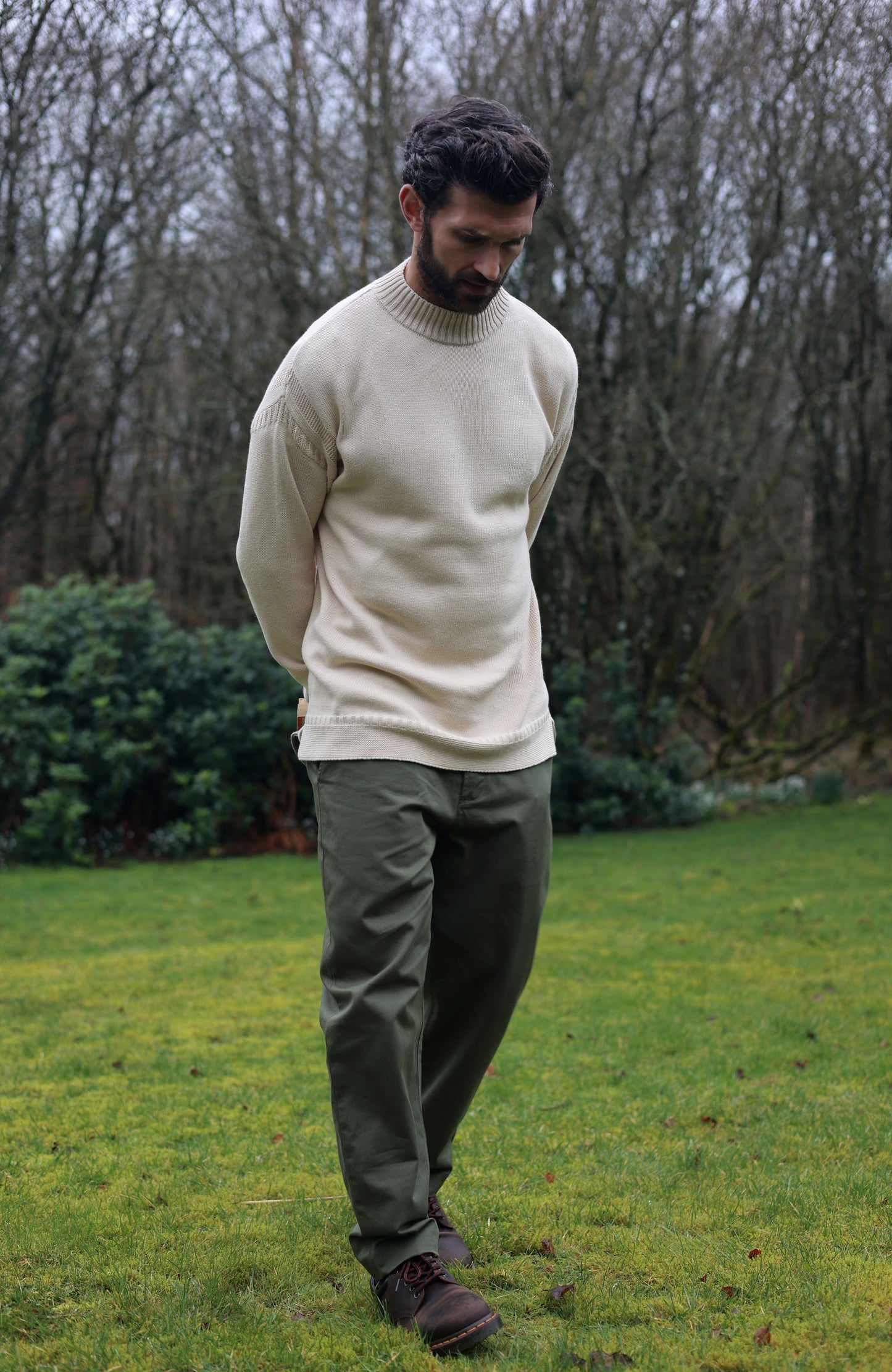 Mens Midweight Organic Cotton Linen Mock Neck Gansey Jumper