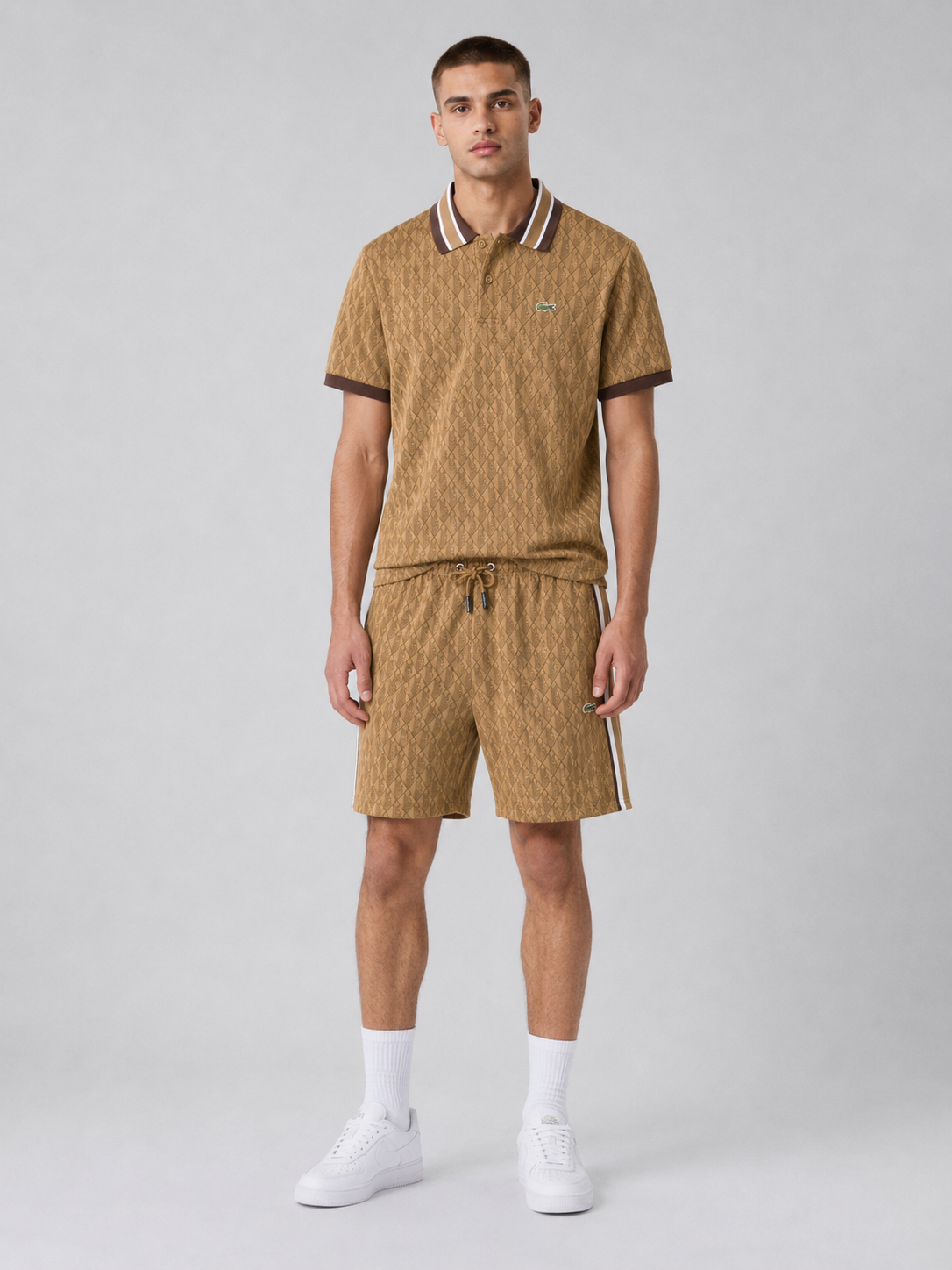 Striped Collar Brown Cotton T-Shirt & Shorts Set