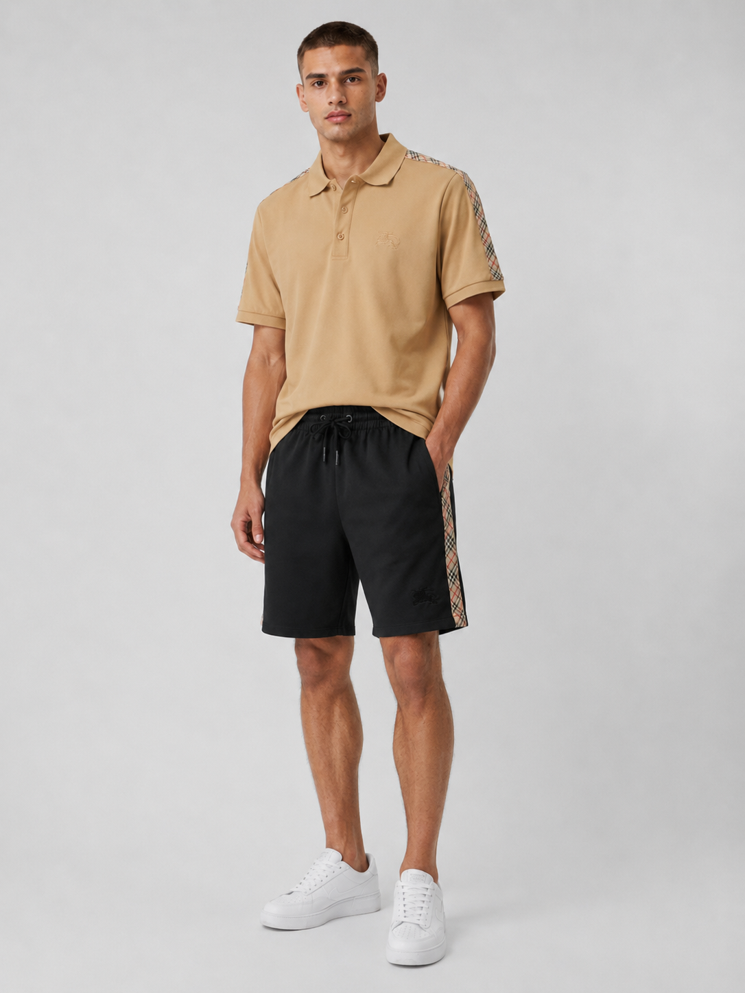 Beige Polo Shirt & Shorts Set – Plaid Side Detail