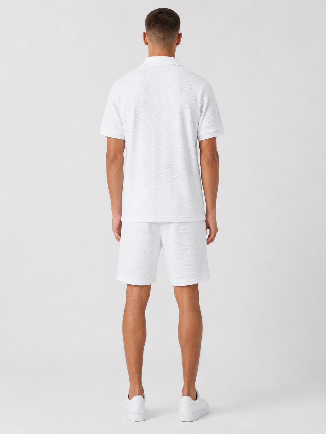 White Textured Polo Shirt & Shorts Set