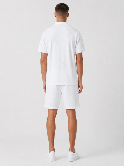 White Textured Polo Shirt & Shorts Set