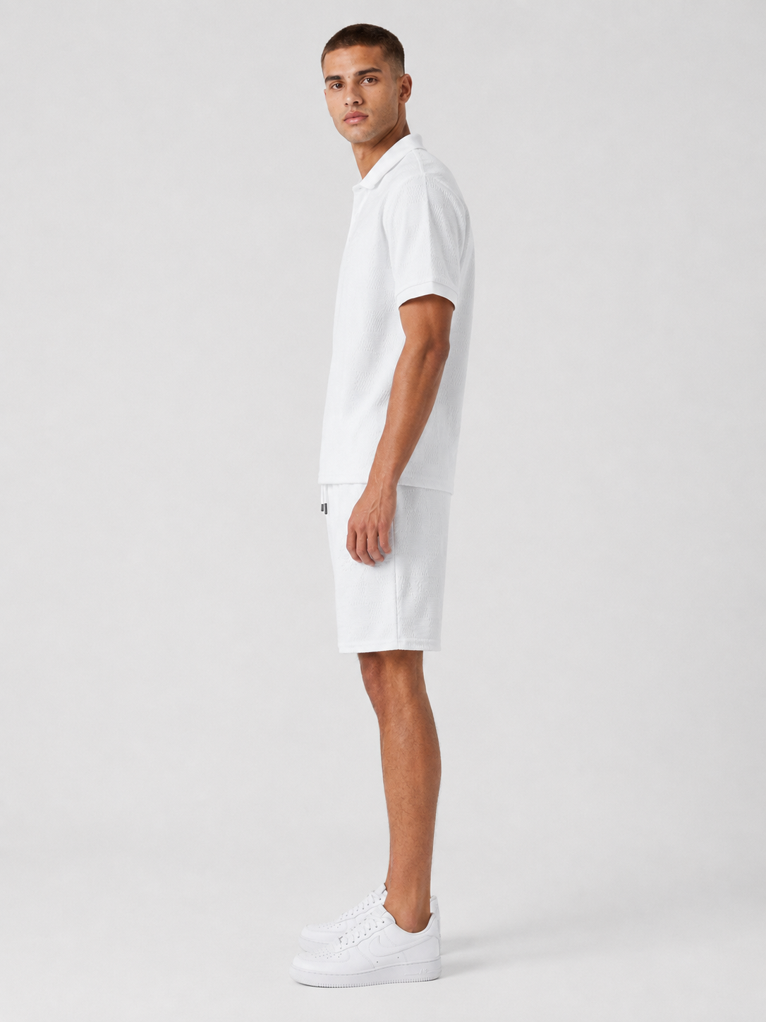 White Textured Polo Shirt & Shorts Set