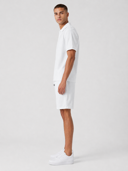 White Textured Polo Shirt & Shorts Set