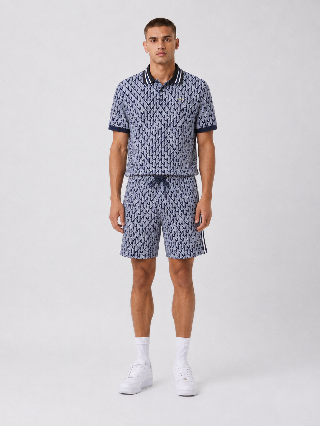 Navy Geometric Polo Shirt & Shorts Set