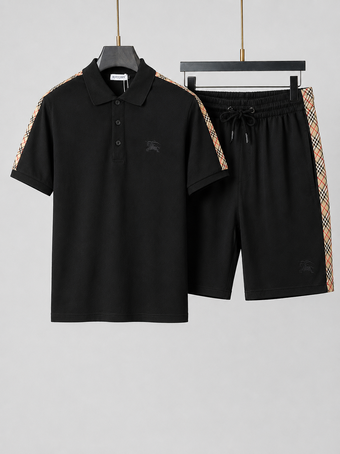Black Polo Shirt & Shorts Set – Plaid Side Detail