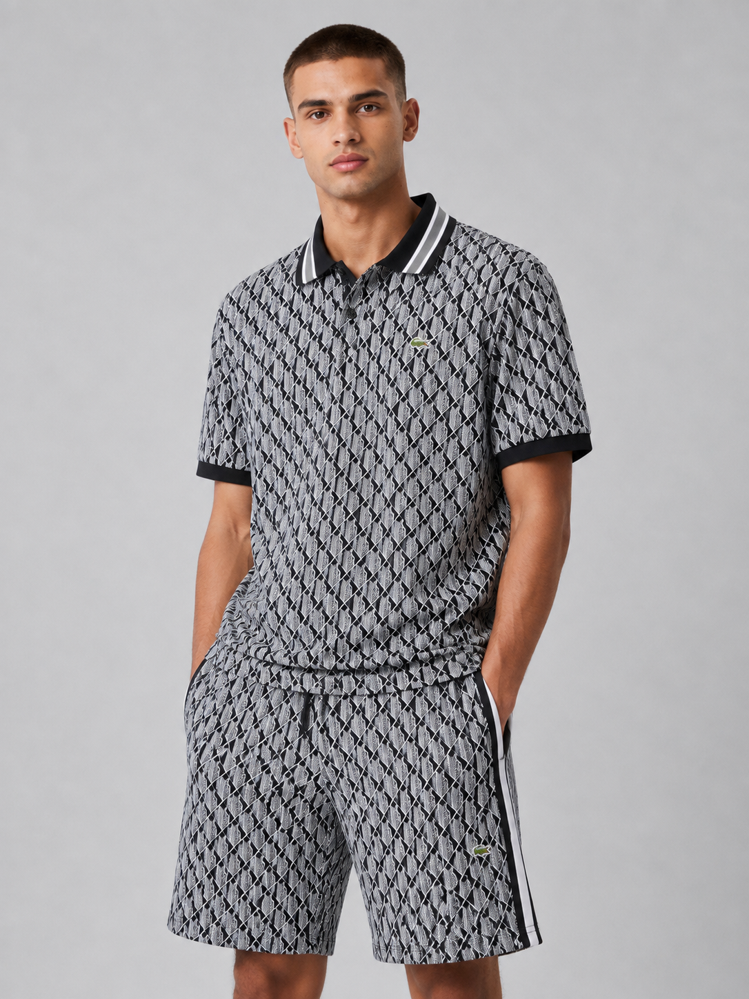 Black & White Geometric Polo Shirt & Shorts Set