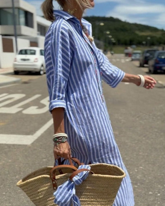 Striped relaxed oversized shirt midi dress for women | Marisela