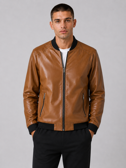 PU Leather Baseball Collar Jacket