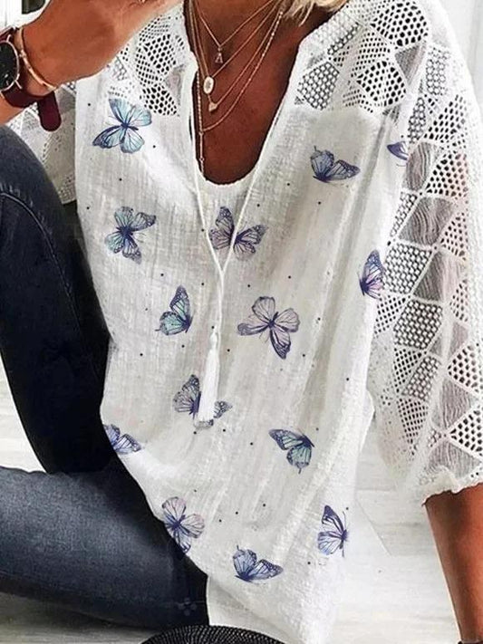 Loose fit butterfly print mesh sleeve top for women | Seraphina