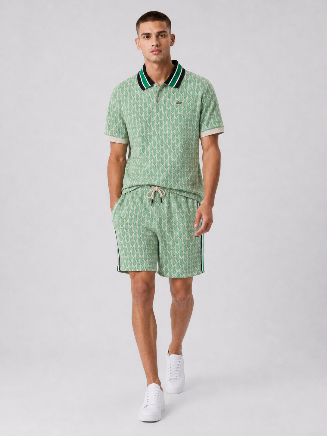 Striped Collar Lime Green Printed Cotton T-Shirt & Shorts Set