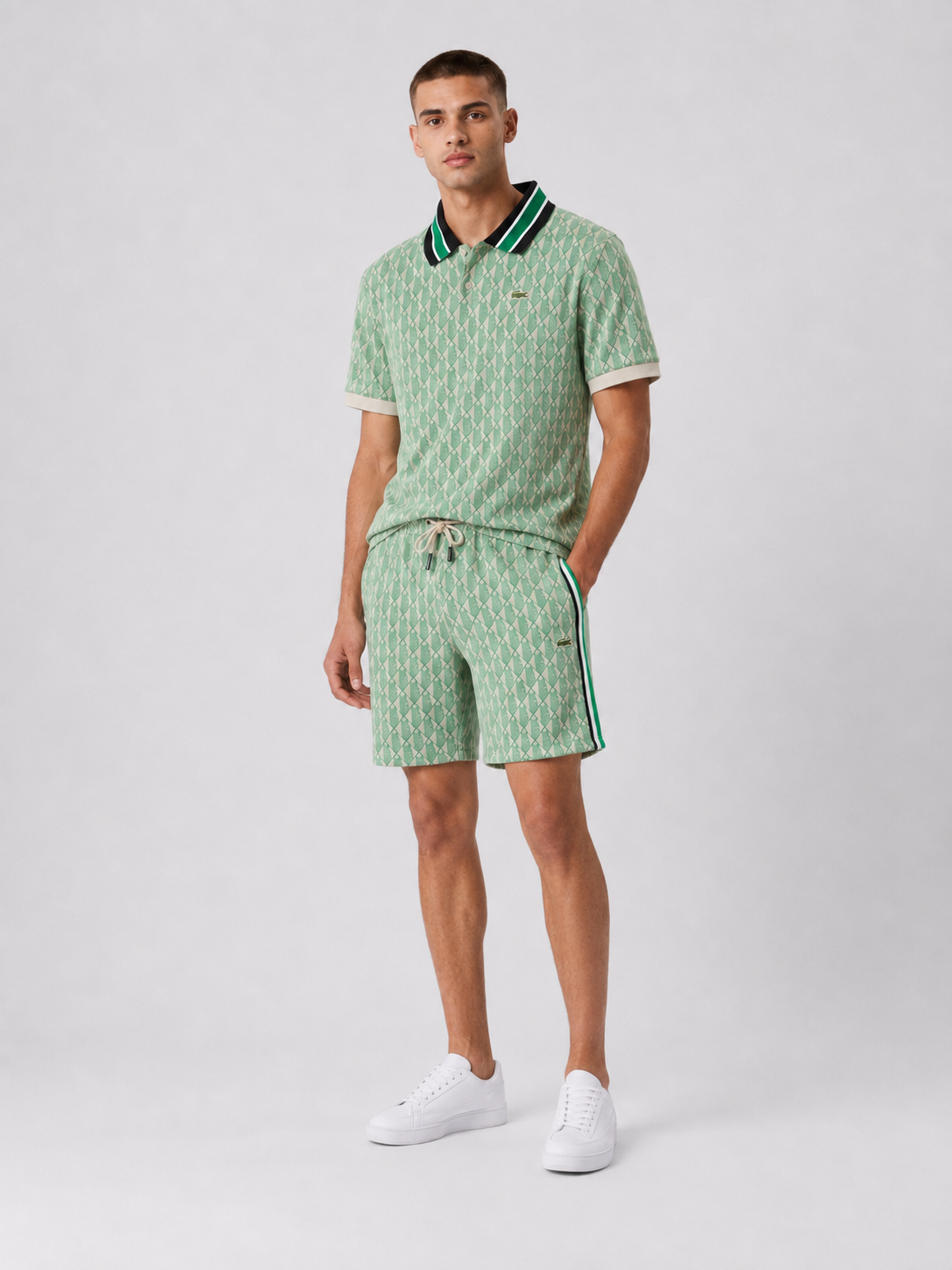 Striped Collar Lime Green Printed Cotton T-Shirt & Shorts Set