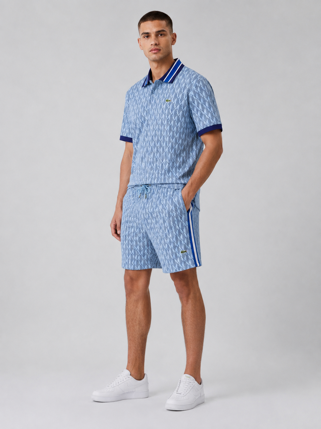 Striped Collar Light Blue Printed Cotton T-Shirt & Shorts Set