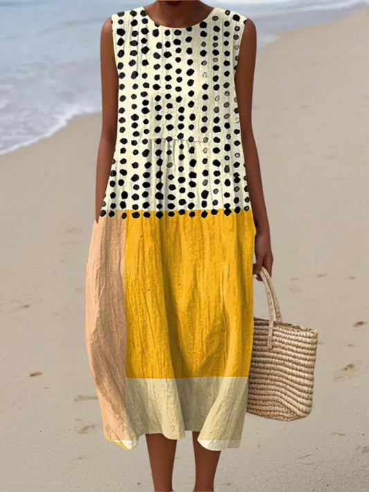 Colourblock polka print sleeveless midi dress for women | Leah