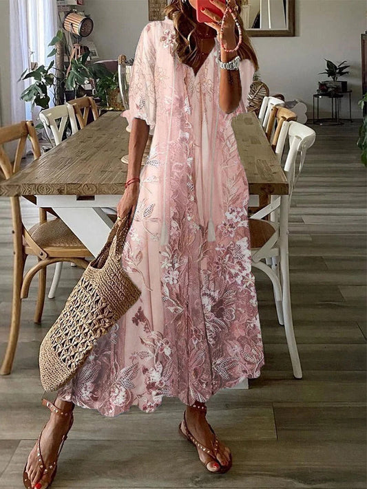 Lace floral print loose fit maxi dress for women | Marisela