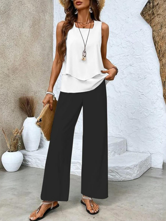 Leaf print sleeveless top wide leg pant matching set for women | Marisela
