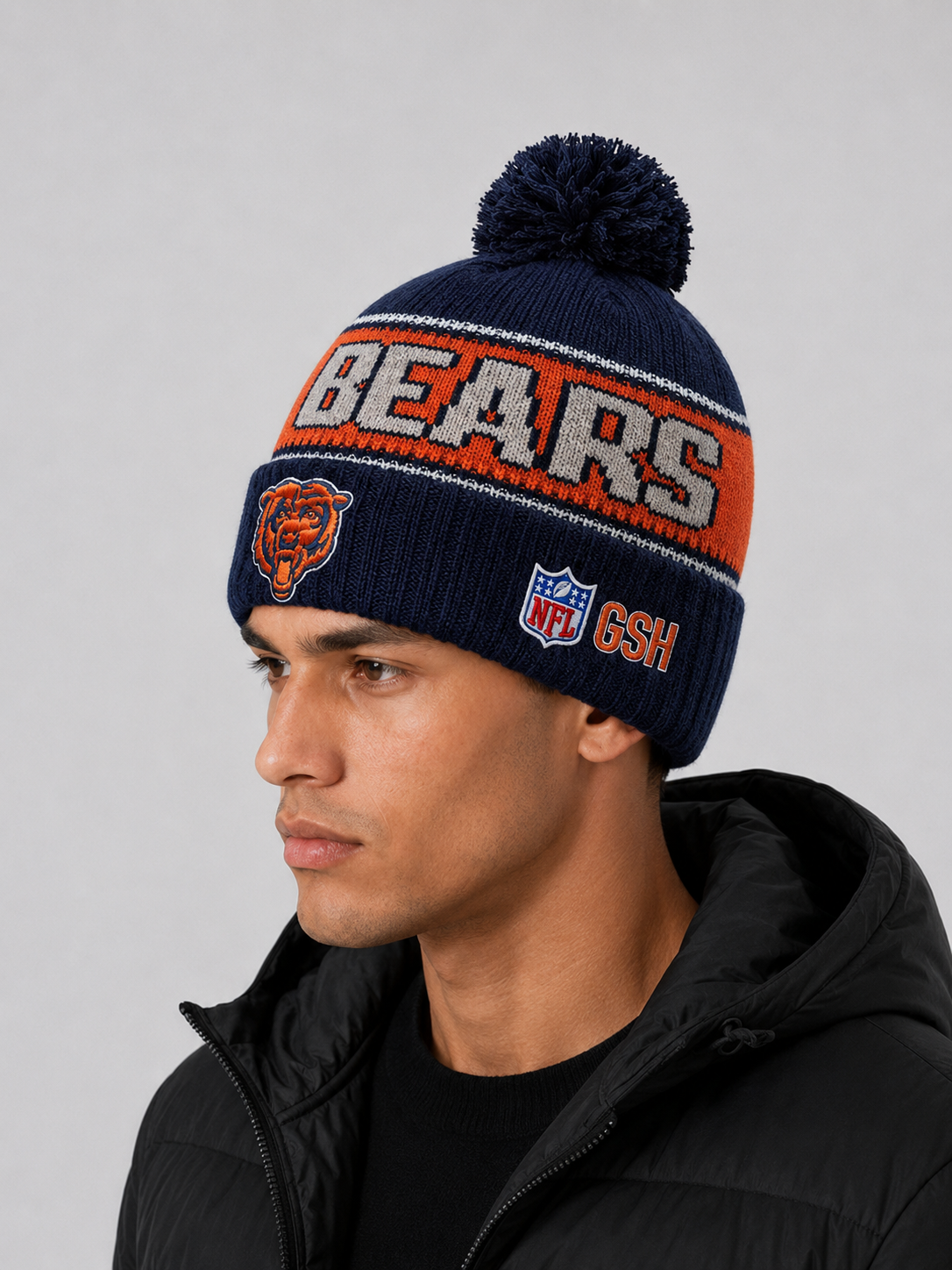 Chicago Bears Era Navy Striped Cuffed Knit Hat with Pom
