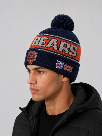 Chicago Bears Era Navy Striped Cuffed Knit Hat with Pom