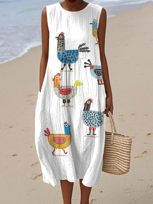 Playful chicken print sleeveless midi dress for women | Henrietta