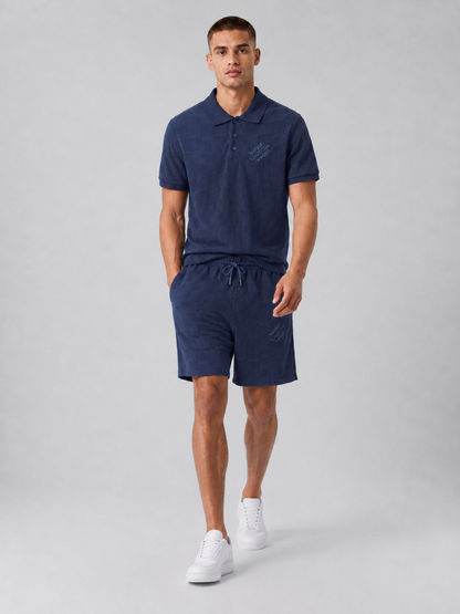 Navy Textured Polo Shirt & Shorts Set