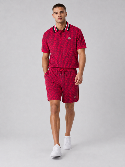 Striped Collar Red Printed Cotton T-Shirt & Shorts Set