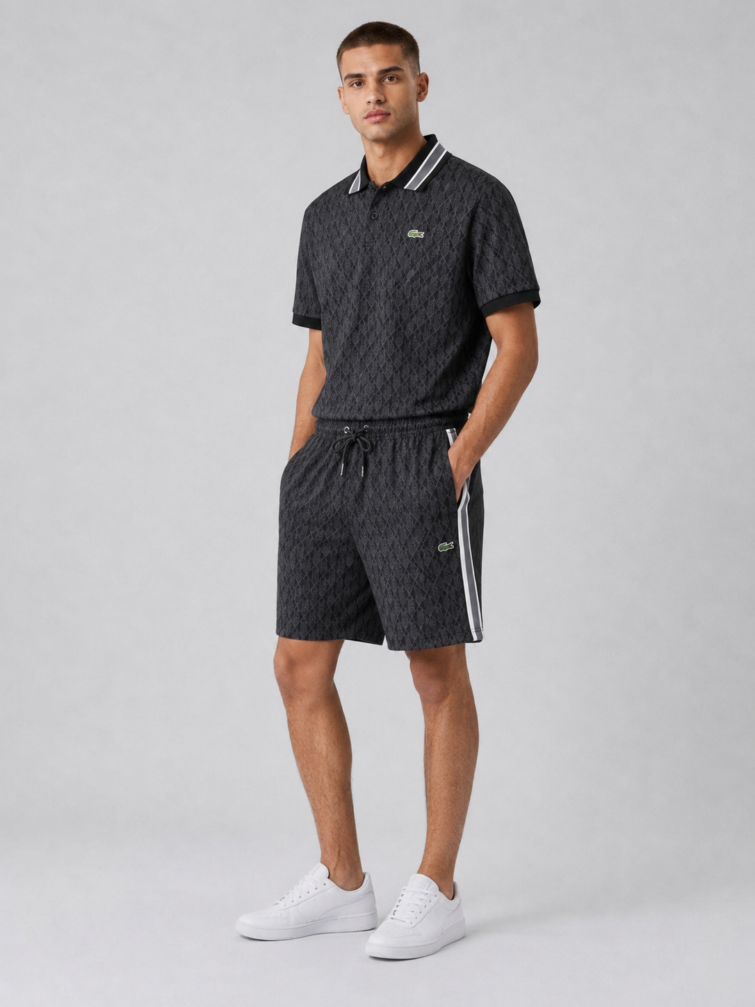 Striped Collar Black Printed Cotton T-Shirt & Shorts Set