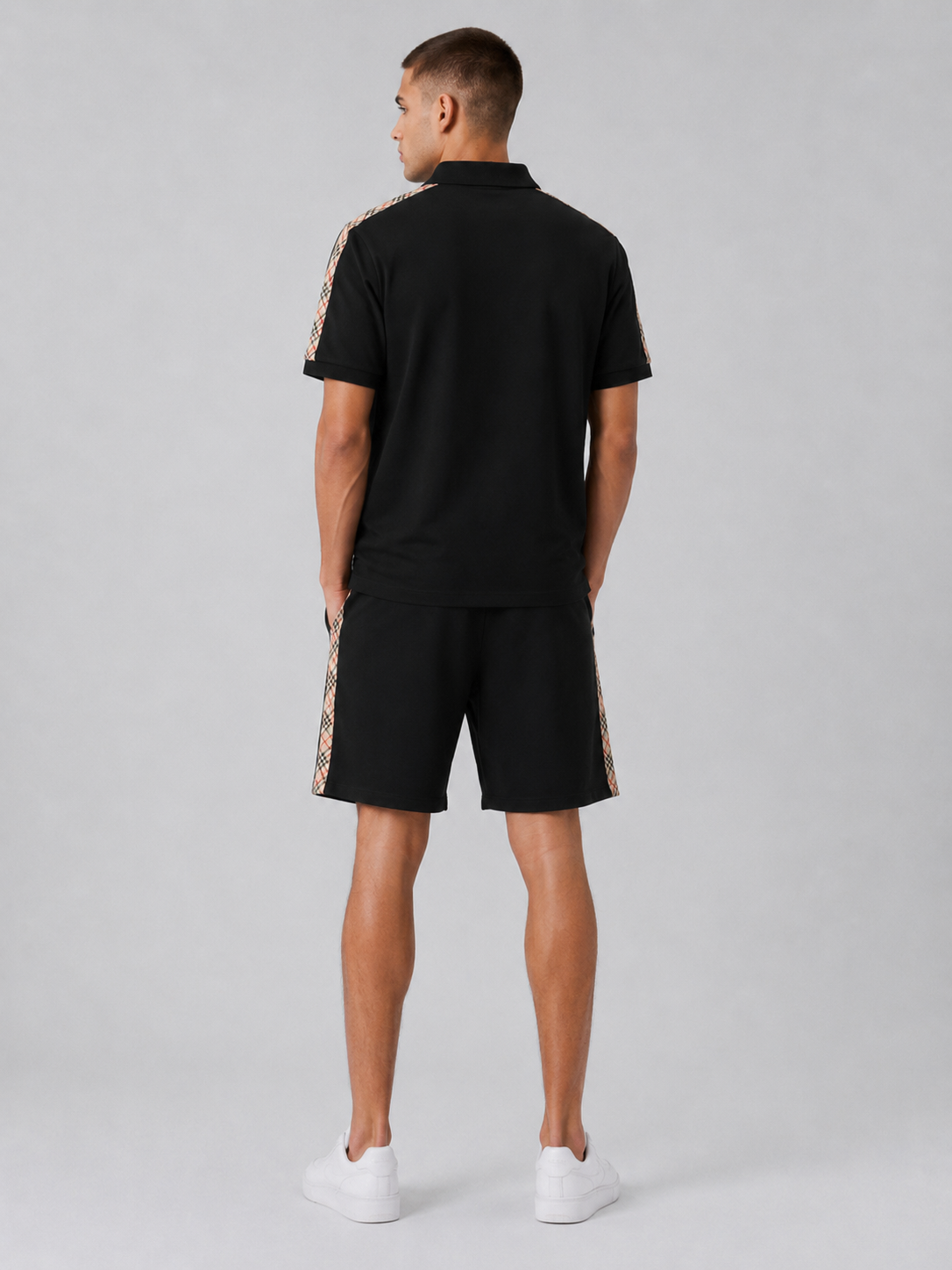 Black Polo Shirt & Shorts Set – Plaid Side Detail