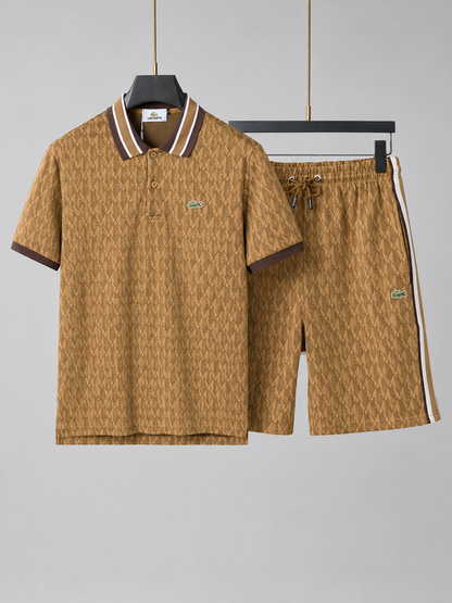 Striped Collar Brown Cotton T-Shirt & Shorts Set