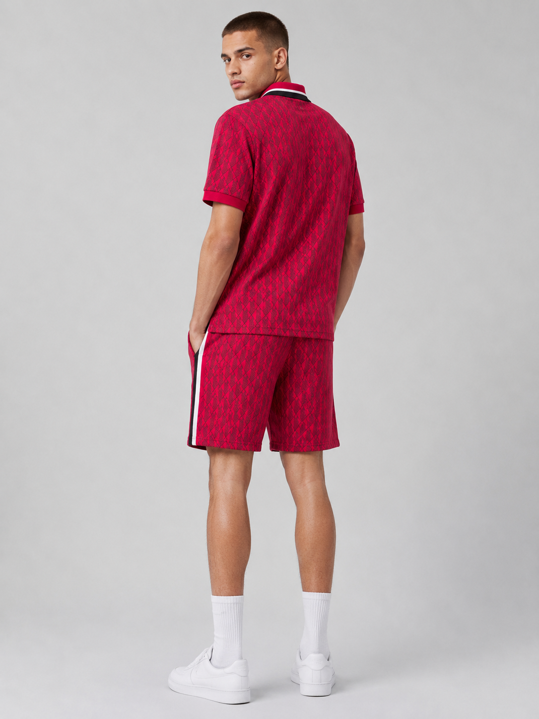 Striped Collar Red Printed Cotton T-Shirt & Shorts Set