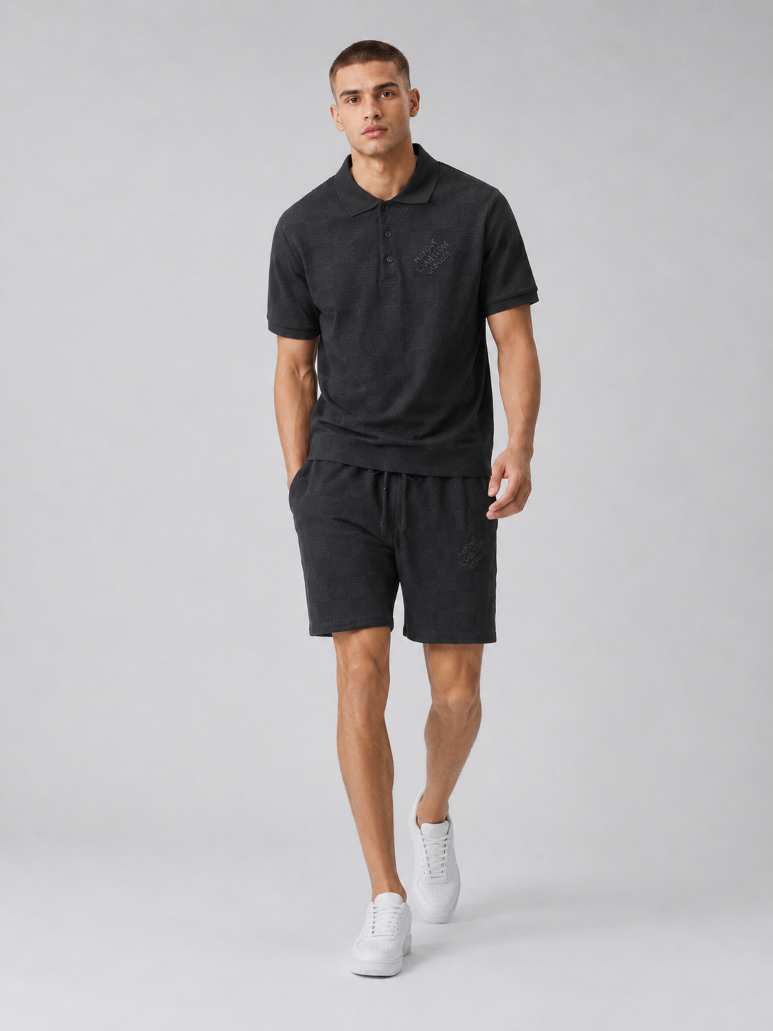 Black Textured Polo Shirt & Shorts Set
