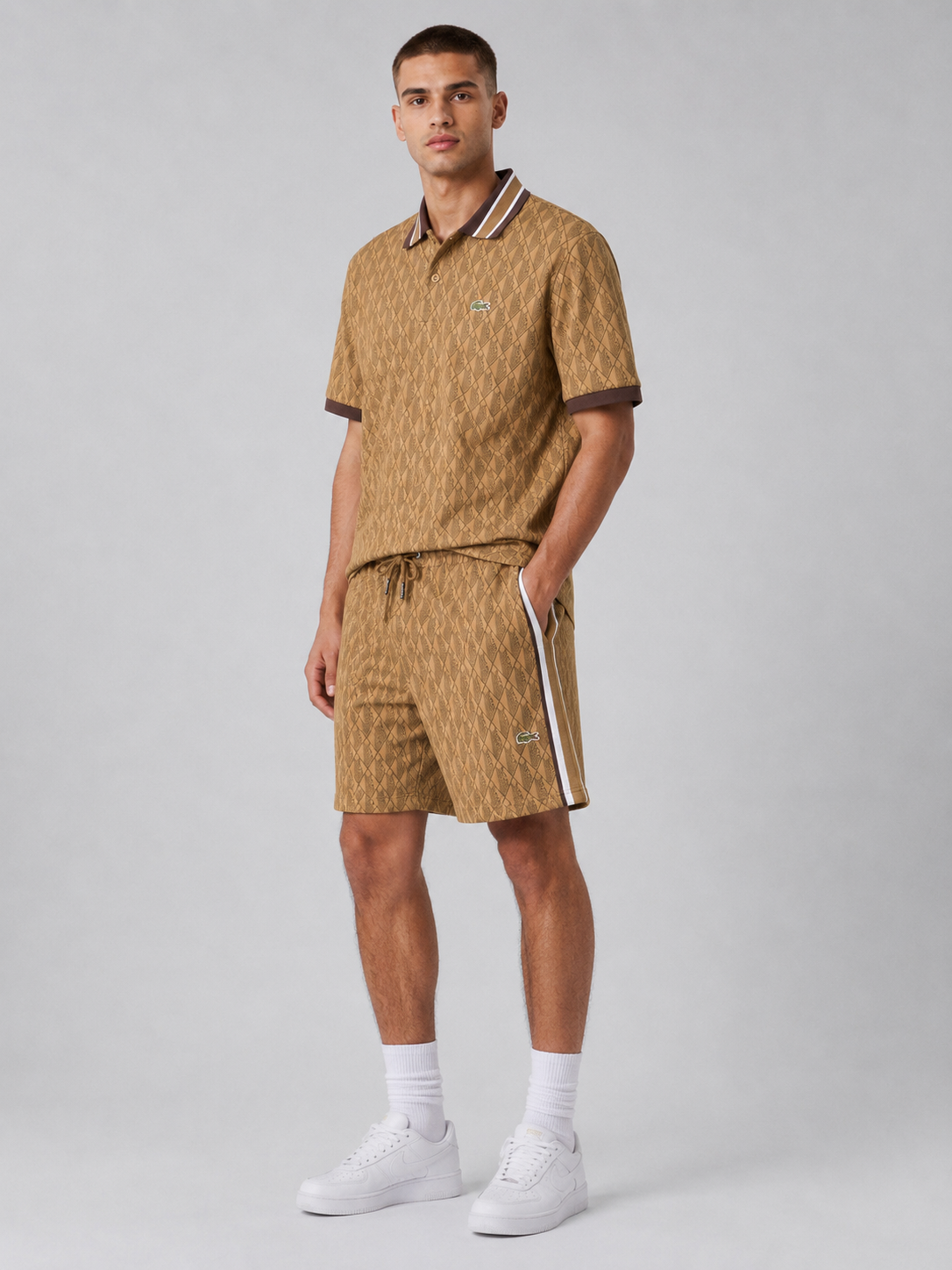 Striped Collar Brown Cotton T-Shirt & Shorts Set