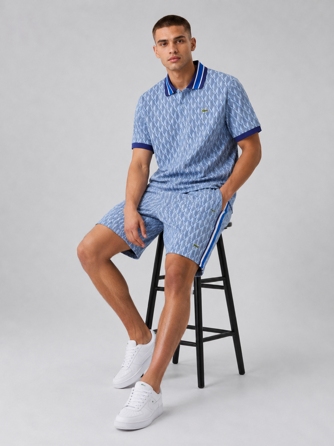 Striped Collar Light Blue Printed Cotton T-Shirt & Shorts Set