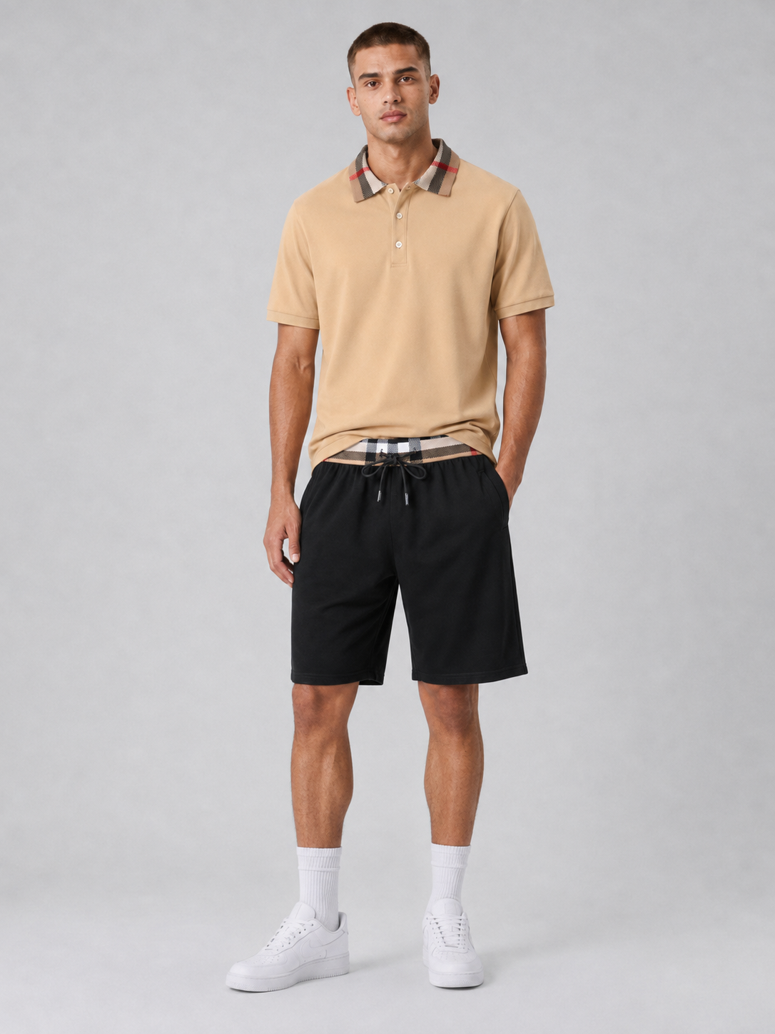 Beige Polo Shirt & Shorts Two-Piece Set