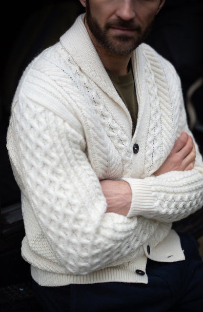 Mens Chunky Merino Wool Shawl Collar Cable Cardigan
